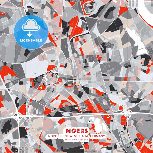Moers, North Rhine-Westphalia, Germany - modern street map poster template with gray and red tones