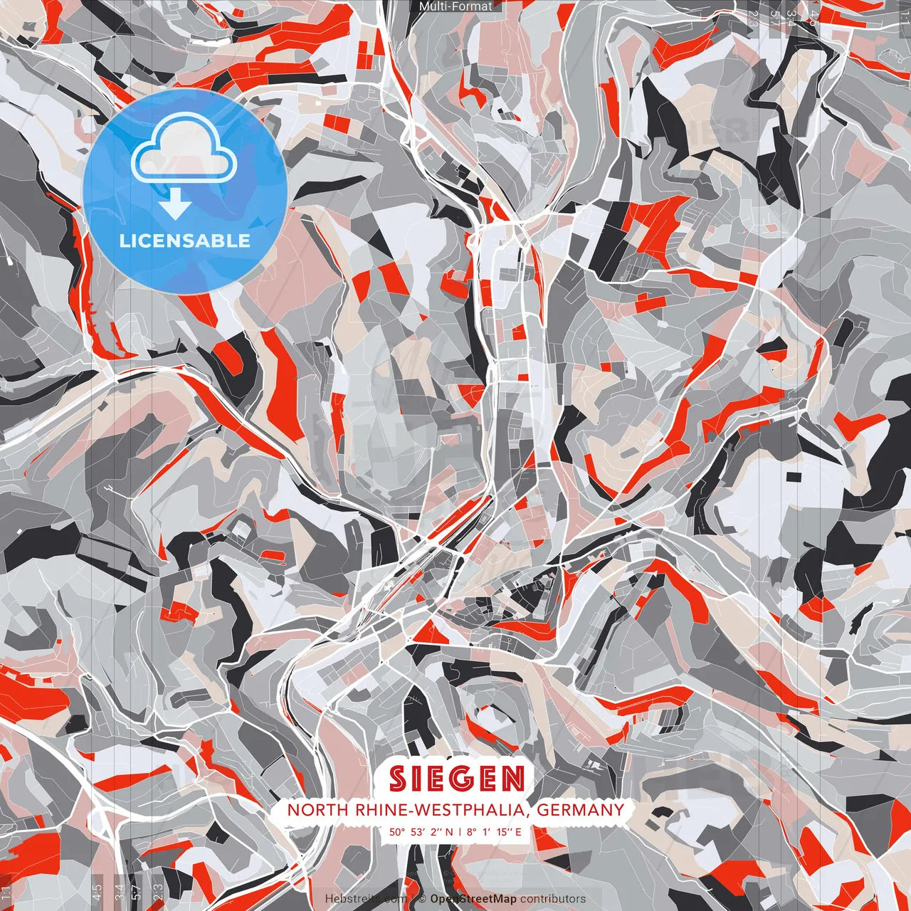 Siegen, North Rhine-Westphalia, Germany - modern street map poster template with gray and red tones