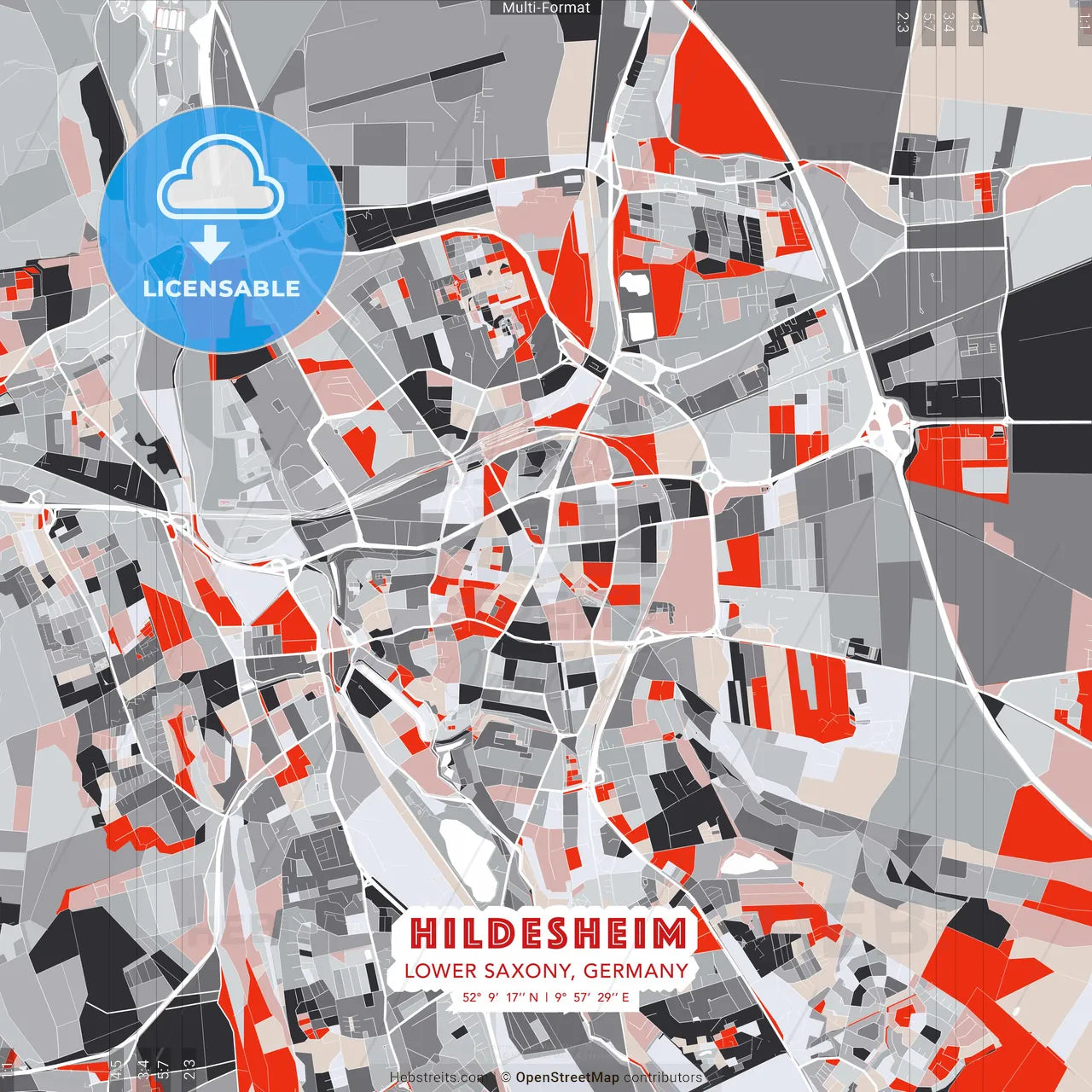 Hildesheim, Lower Saxony, Germany - modern street map poster template with gray and red tones