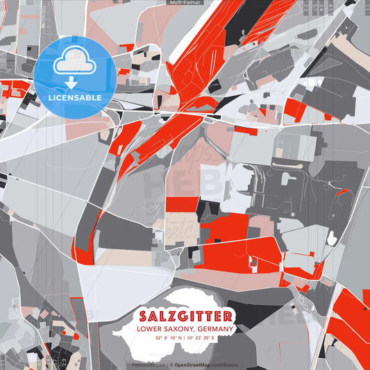 Salzgitter, Lower Saxony, Germany - modern street map poster template with gray and red tones