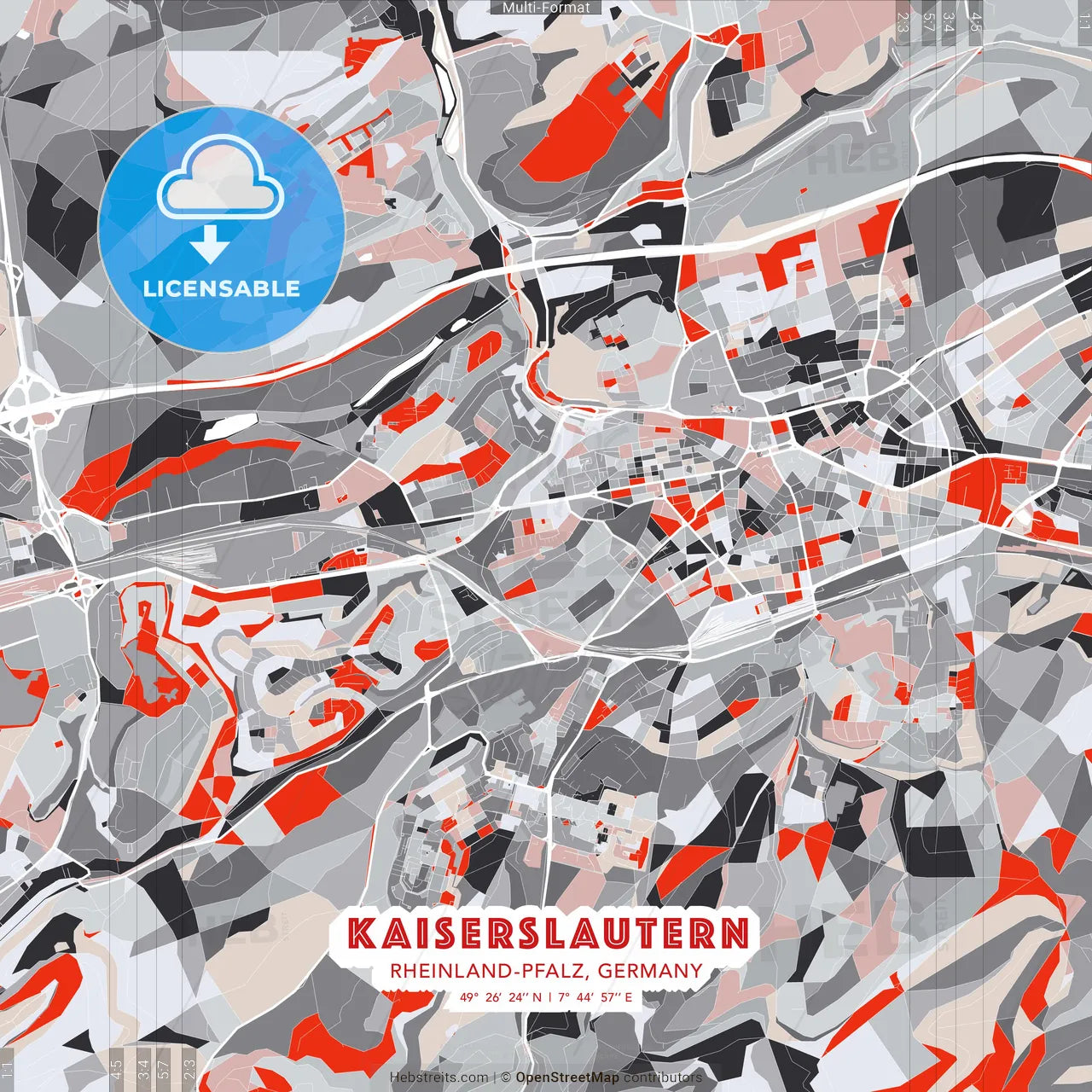 Kaiserslautern, Rheinland-Pfalz, Germany - modern street map poster template with gray and red tones