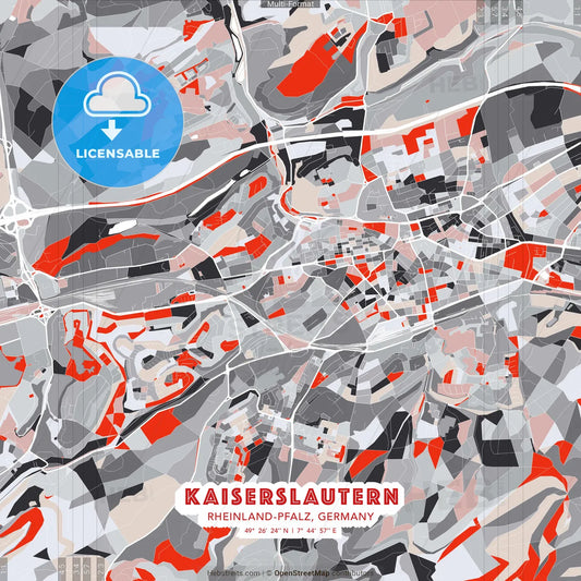 Kaiserslautern, Rheinland-Pfalz, Germany - modern street map poster template with gray and red tones