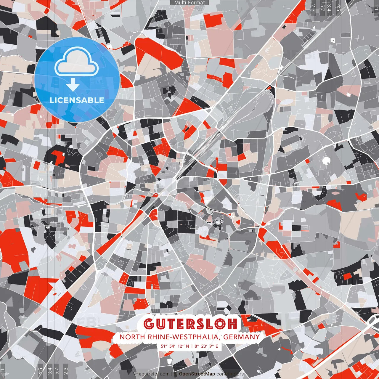 Gutersloh, North Rhine-Westphalia, Germany - modern street map poster template with gray and red tones