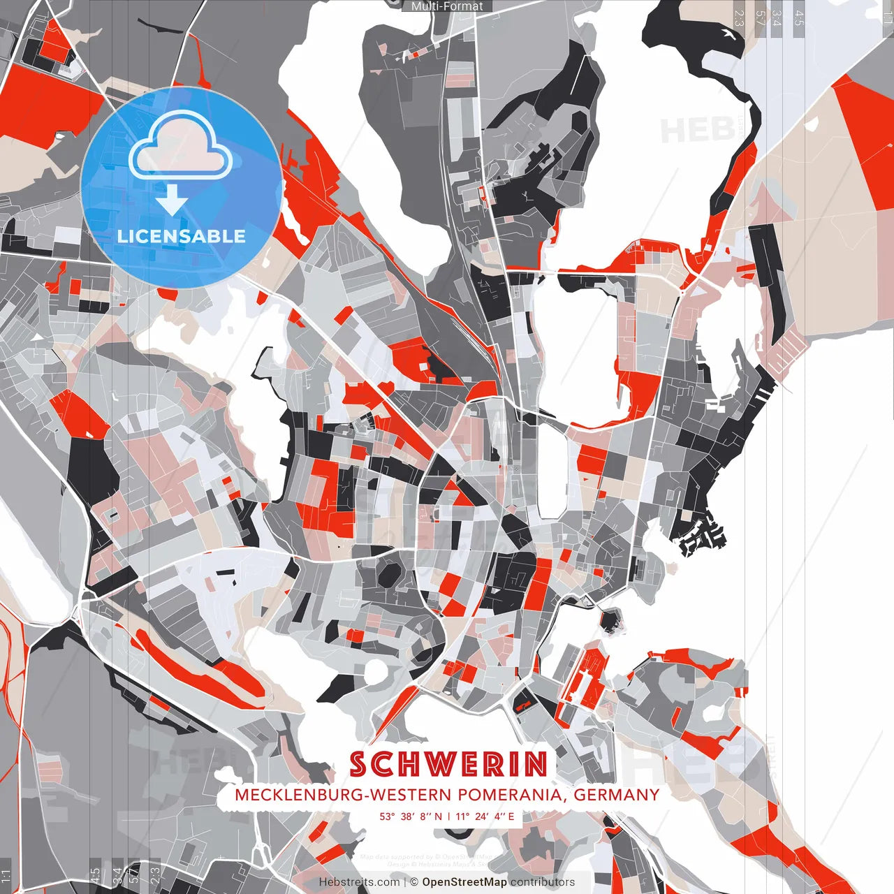 Schwerin, Mecklenburg-Western Pomerania, Germany - modern street map poster template with gray and red tones