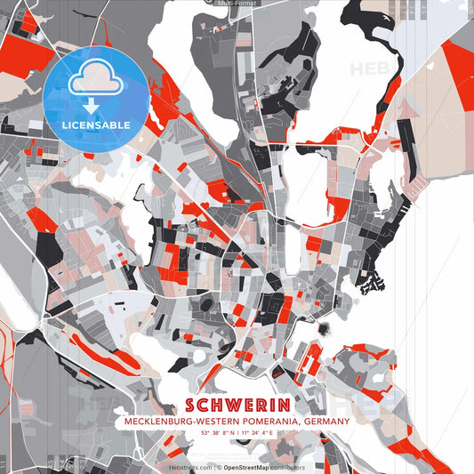Schwerin, Mecklenburg-Western Pomerania, Germany - modern street map poster template with gray and red tones