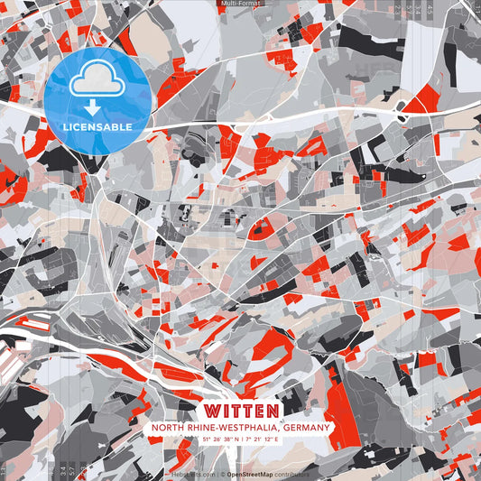 Witten, North Rhine-Westphalia, Germany - modern street map poster template with gray and red tones