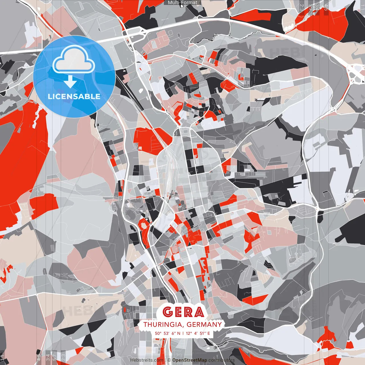 Gera, Thuringia, Germany - modern street map poster template with gray and red tones