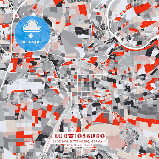 Ludwigsburg, Baden-Wuerttemberg, Germany - modern street map poster template with gray and red tones