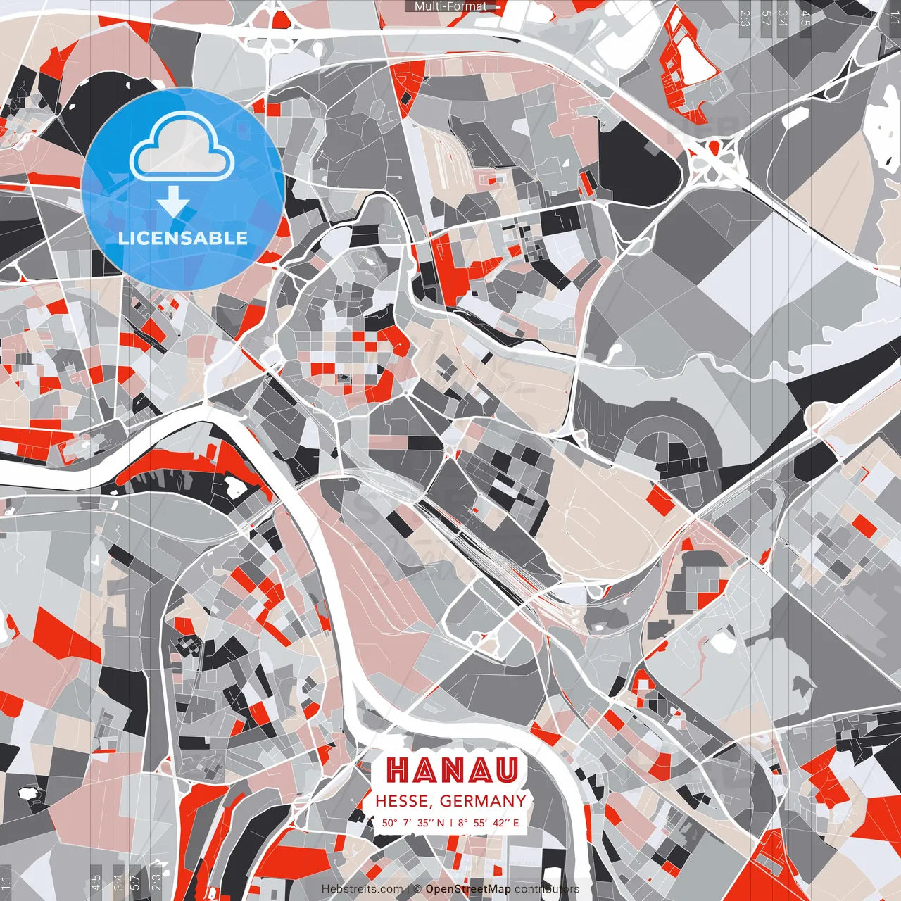 Hanau, Hesse, Germany - modern street map poster template with gray and red tones