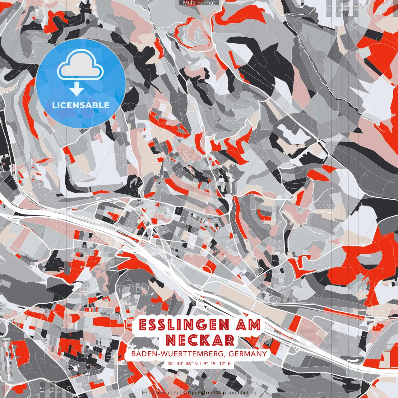 Esslingen am Neckar, Baden-Wuerttemberg, Germany - modern street map poster template with gray and red tones