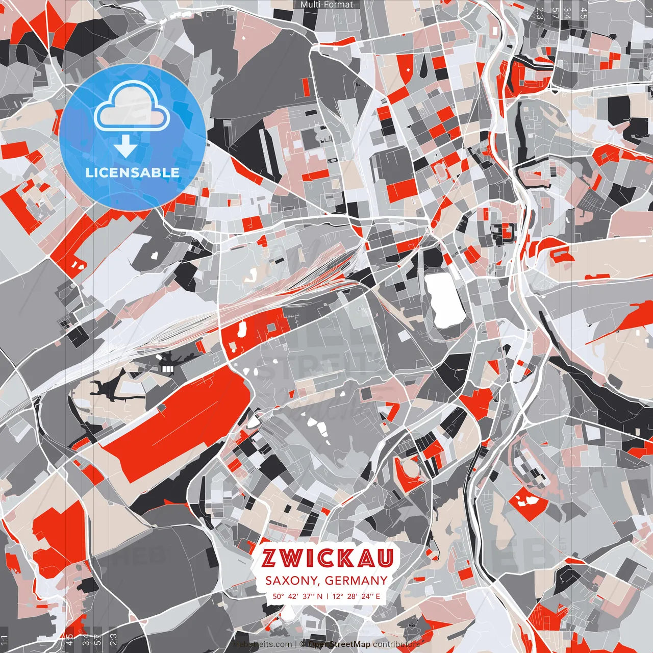 Zwickau, Saxony, Germany - modern street map poster template with gray and red tones