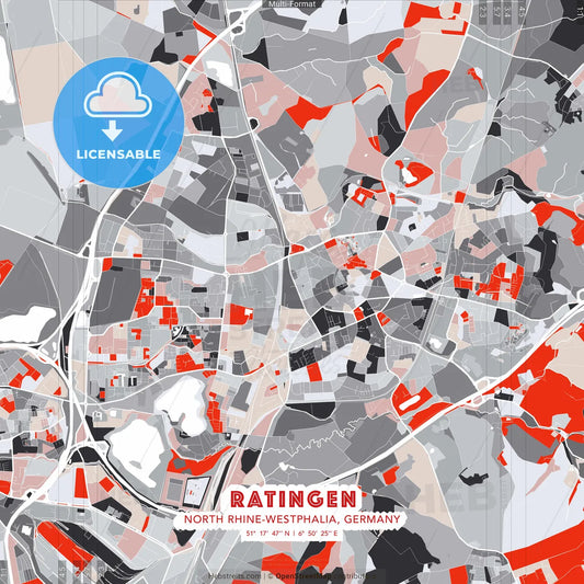 Ratingen, North Rhine-Westphalia, Germany - modern street map poster template with gray and red tones