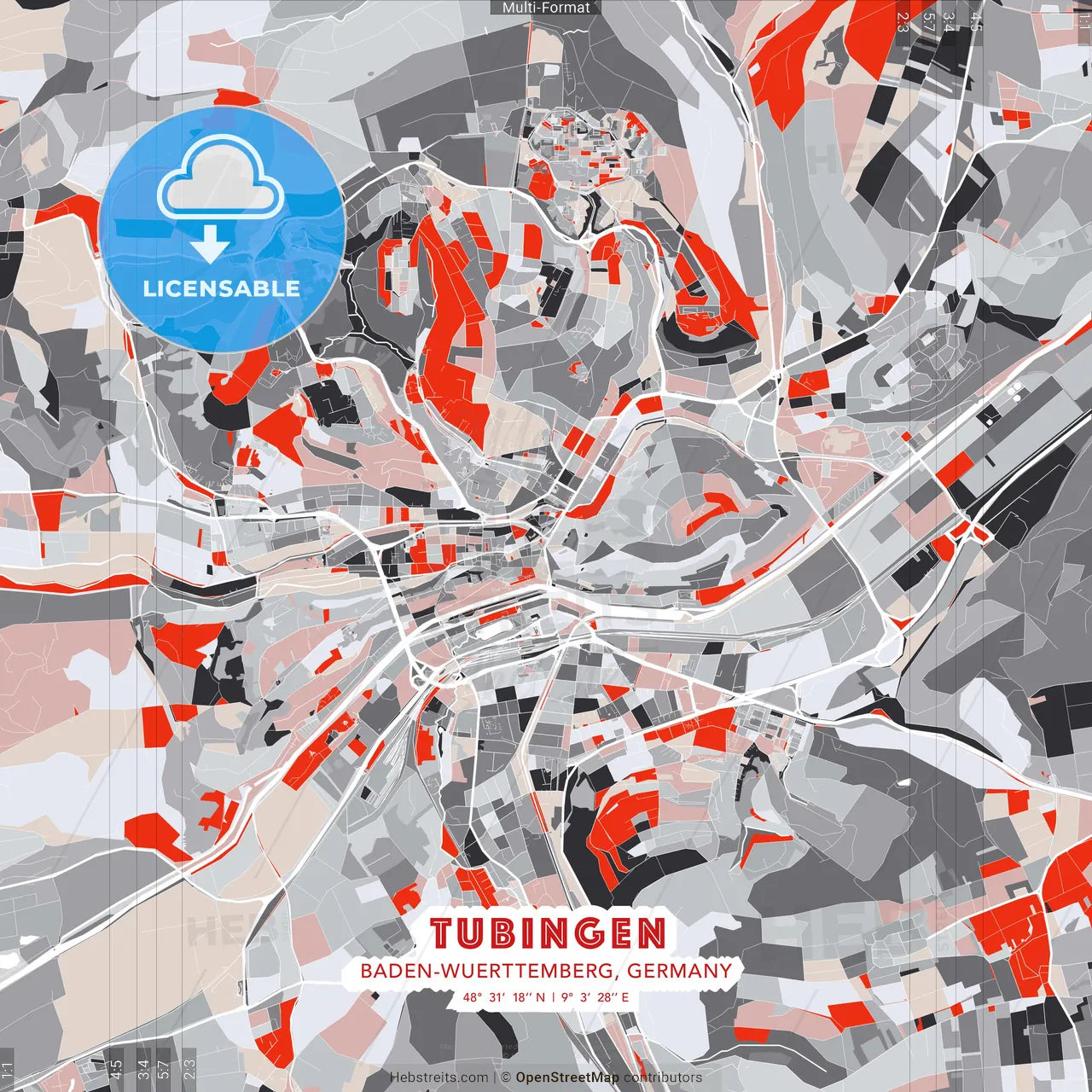 Tubingen, Baden-Wuerttemberg, Germany - modern street map poster template with gray and red tones