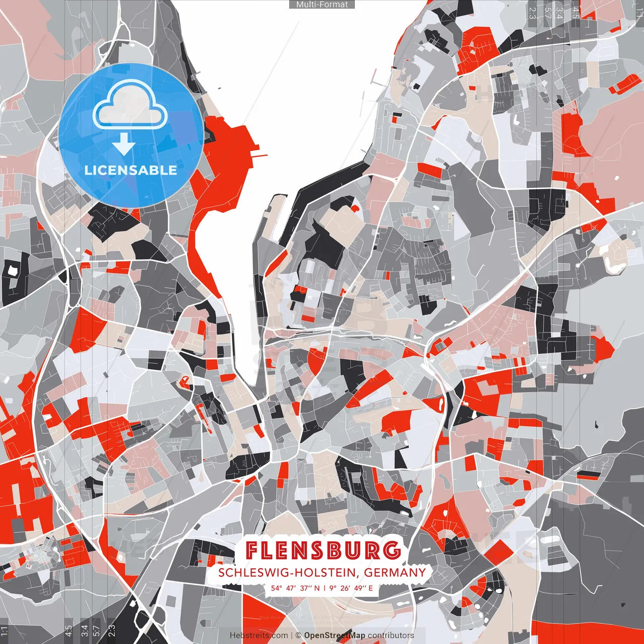 Flensburg, Schleswig-Holstein, Germany - modern street map poster template with gray and red tones