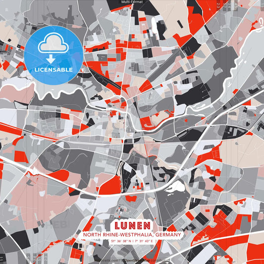 Lunen, North Rhine-Westphalia, Germany - modern street map poster template with gray and red tones