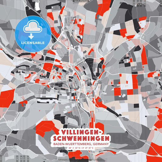 Villingen-Schwenningen, Baden-Wuerttemberg, Germany - modern street map poster template with gray and red tones
