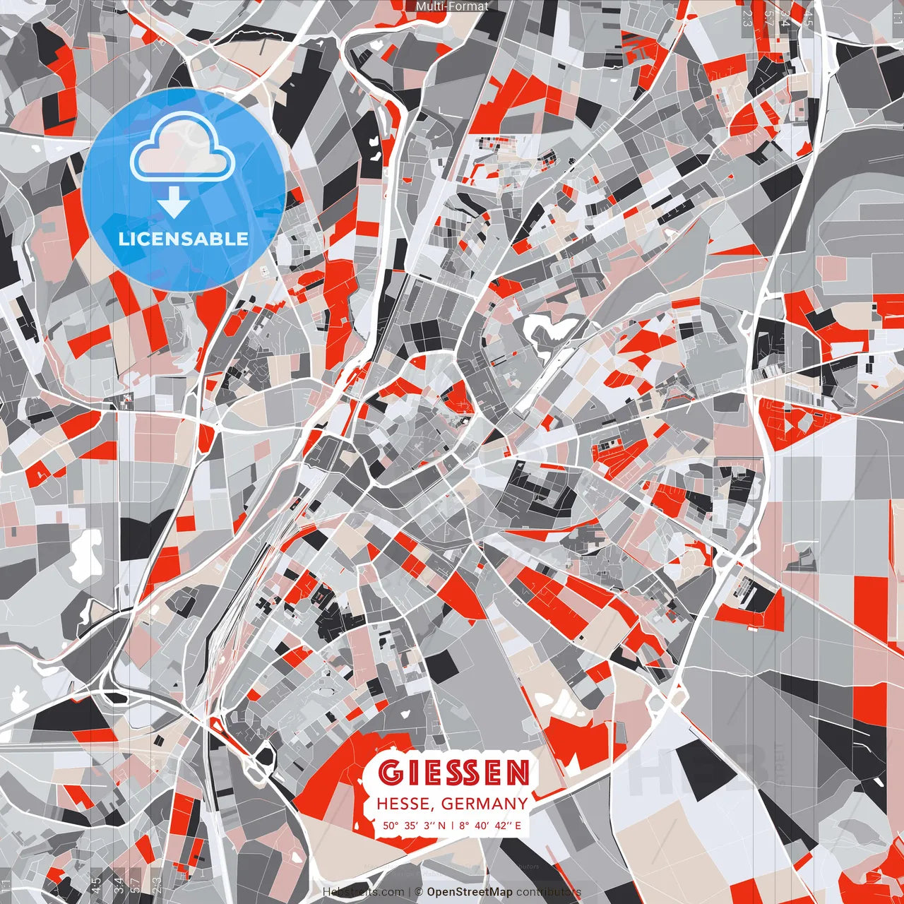 Gießen, Hesse, Germany - modern street map poster template with gray and red tones