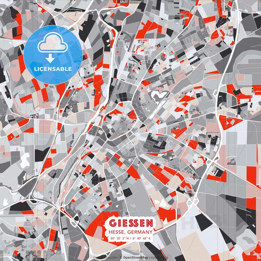 Gießen, Hesse, Germany - modern street map poster template with gray and red tones