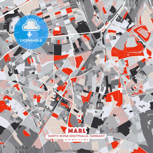 Marl, North Rhine-Westphalia, Germany - modern street map poster template with gray and red tones