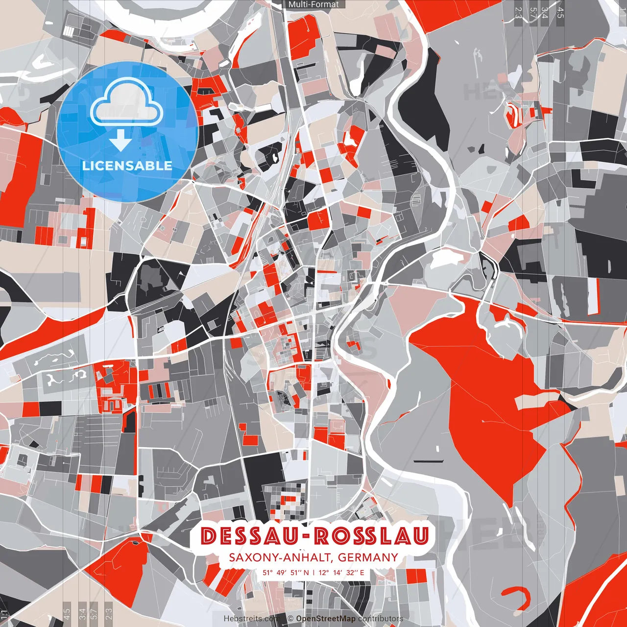 Dessau-Roßlau, Saxony-Anhalt, Germany - modern street map poster template with gray and red tones