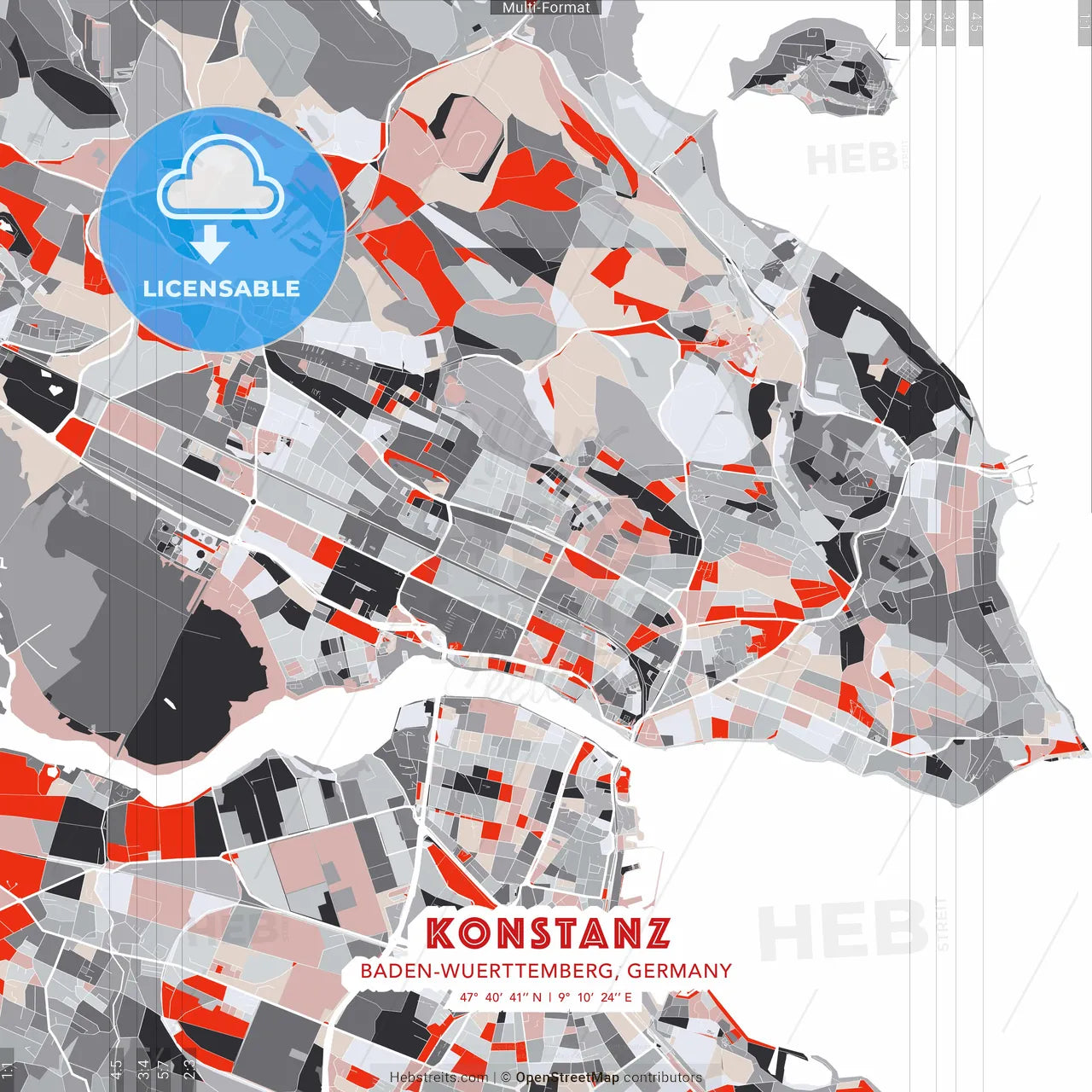 Konstanz, Baden-Wuerttemberg, Germany - modern street map poster template with gray and red tones