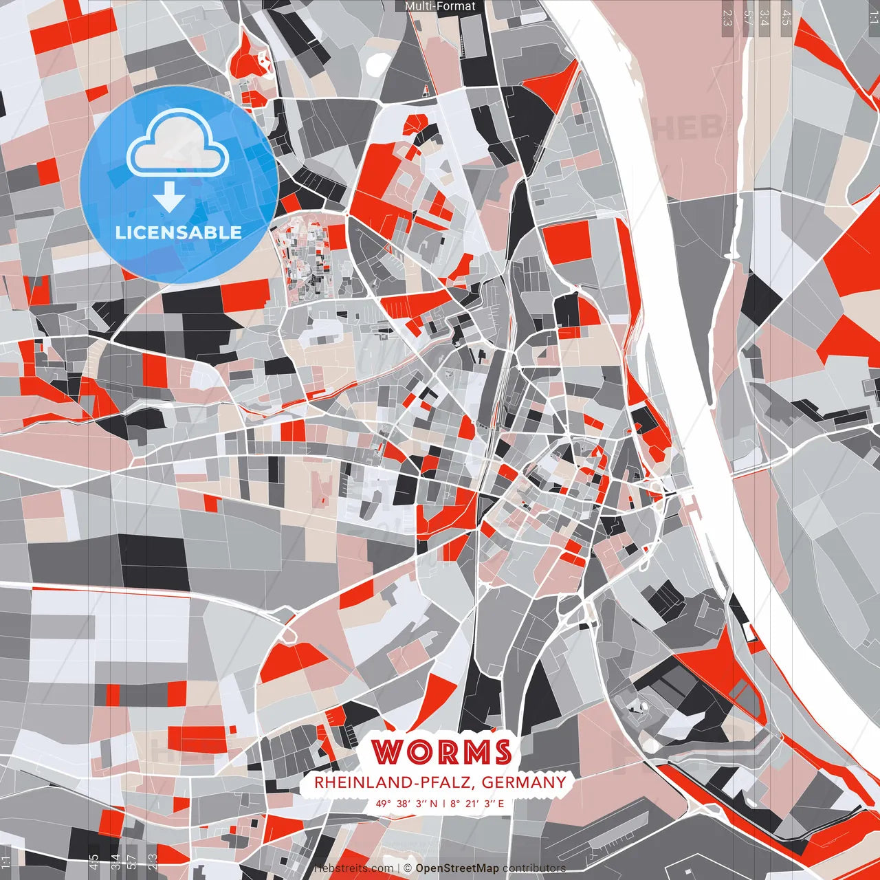 Worms, Rheinland-Pfalz, Germany - modern street map poster template with gray and red tones