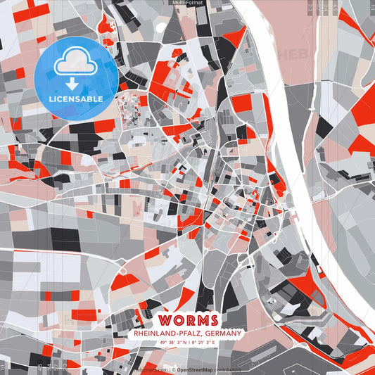 Worms, Rheinland-Pfalz, Germany - modern street map poster template with gray and red tones