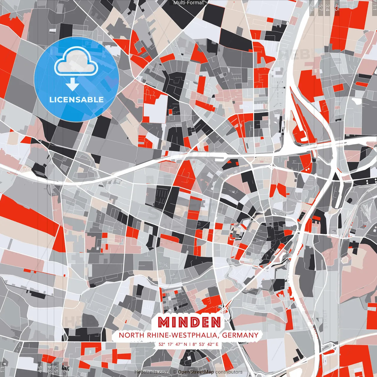Minden, North Rhine-Westphalia, Germany - modern street map poster template with gray and red tones