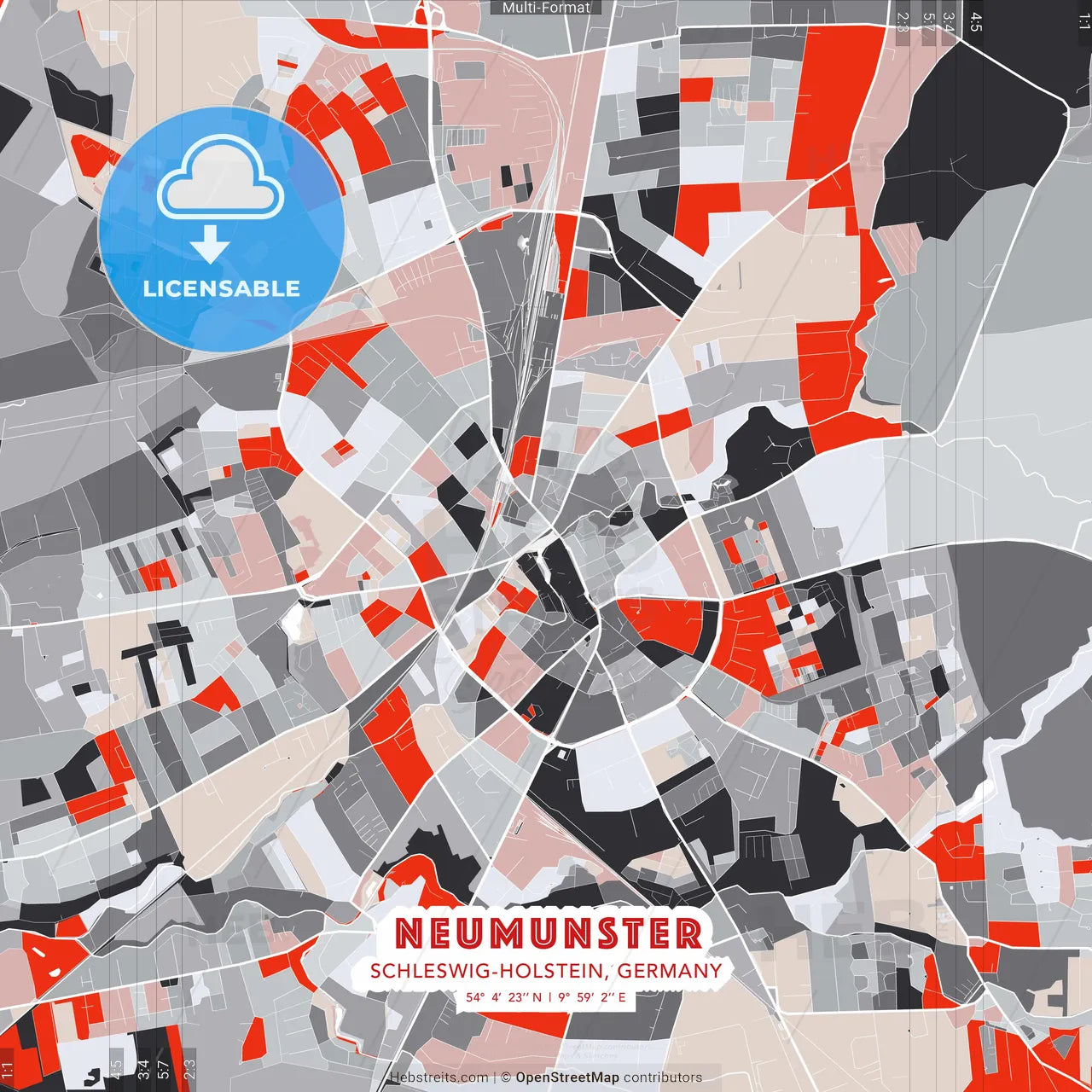 Neumunster, Schleswig-Holstein, Germany - modern street map poster template with gray and red tones