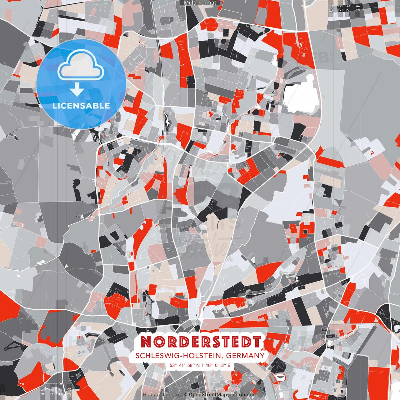 Norderstedt, Schleswig-Holstein, Germany - modern street map poster template with gray and red tones