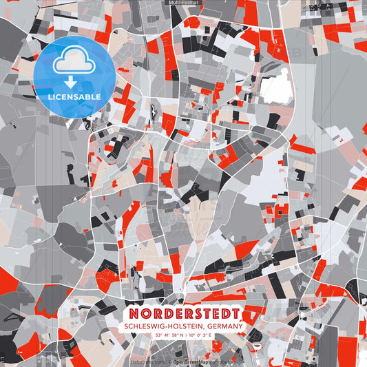 Norderstedt, Schleswig-Holstein, Germany - modern street map poster template with gray and red tones
