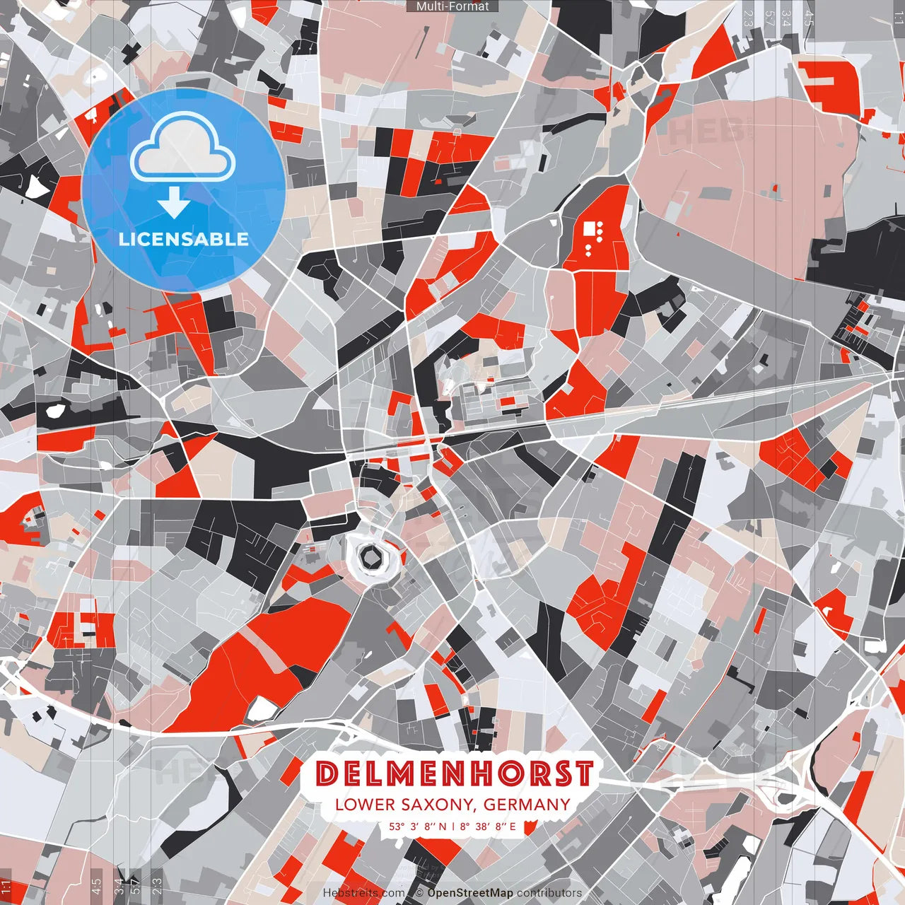 Delmenhorst, Lower Saxony, Germany - modern street map poster template with gray and red tones