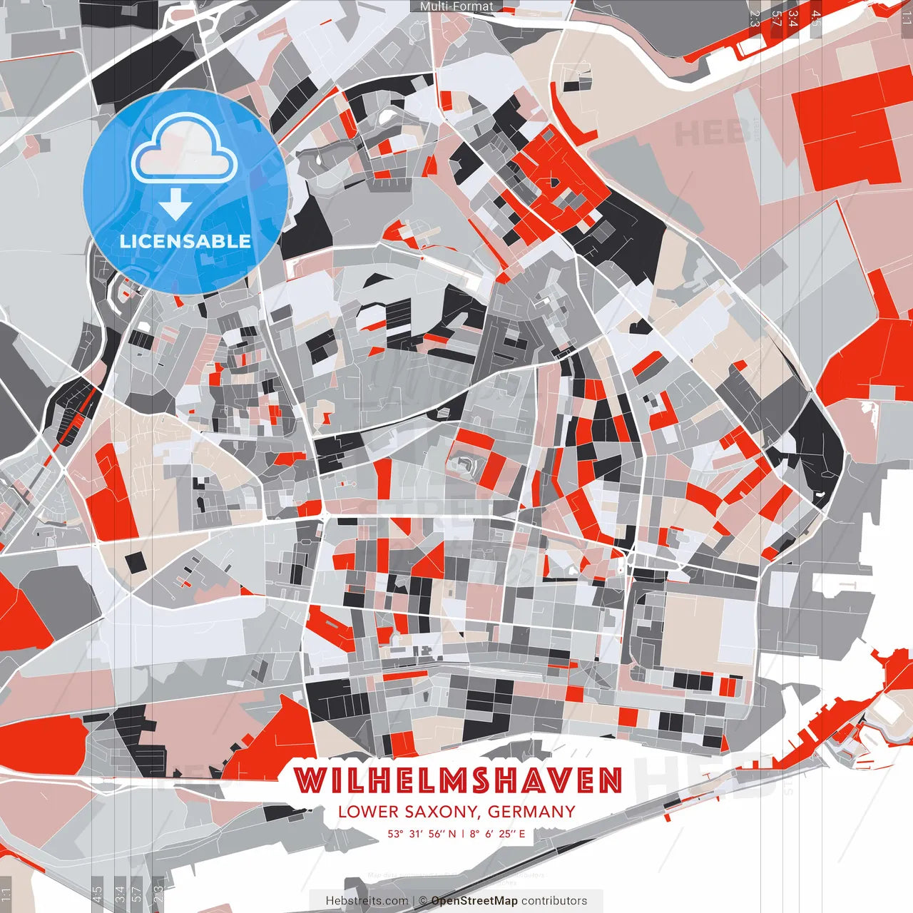 Wilhelmshaven, Lower Saxony, Germany - modern street map poster template with gray and red tones