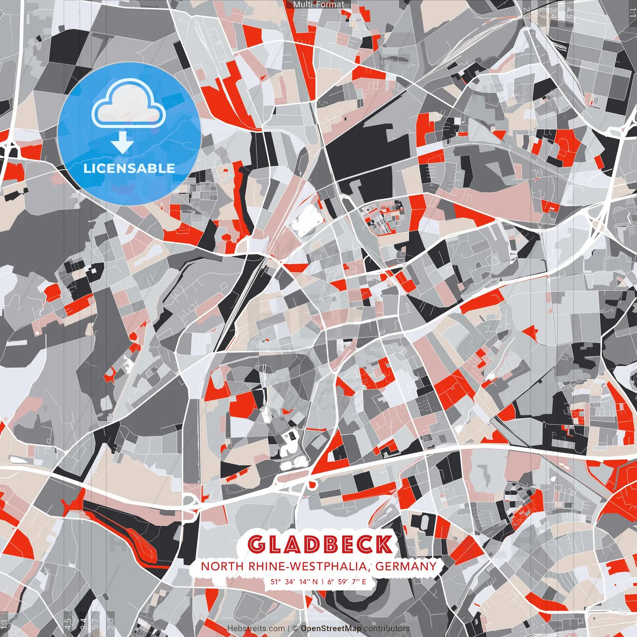 Gladbeck, North Rhine-Westphalia, Germany - modern street map poster template with gray and red tones