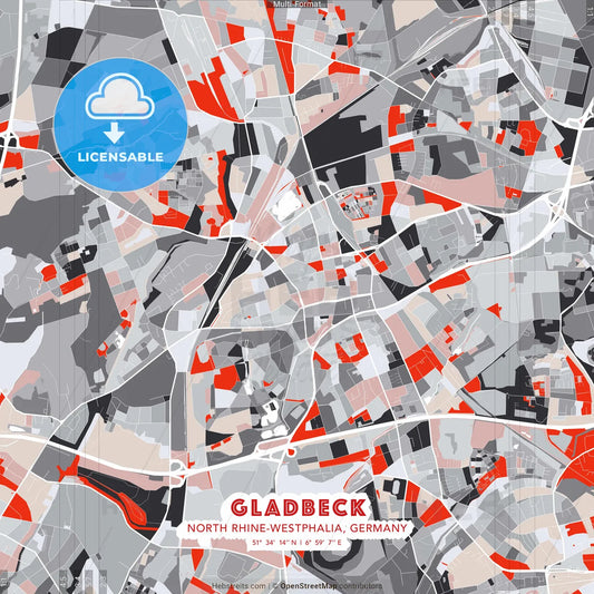Gladbeck, North Rhine-Westphalia, Germany - modern street map poster template with gray and red tones