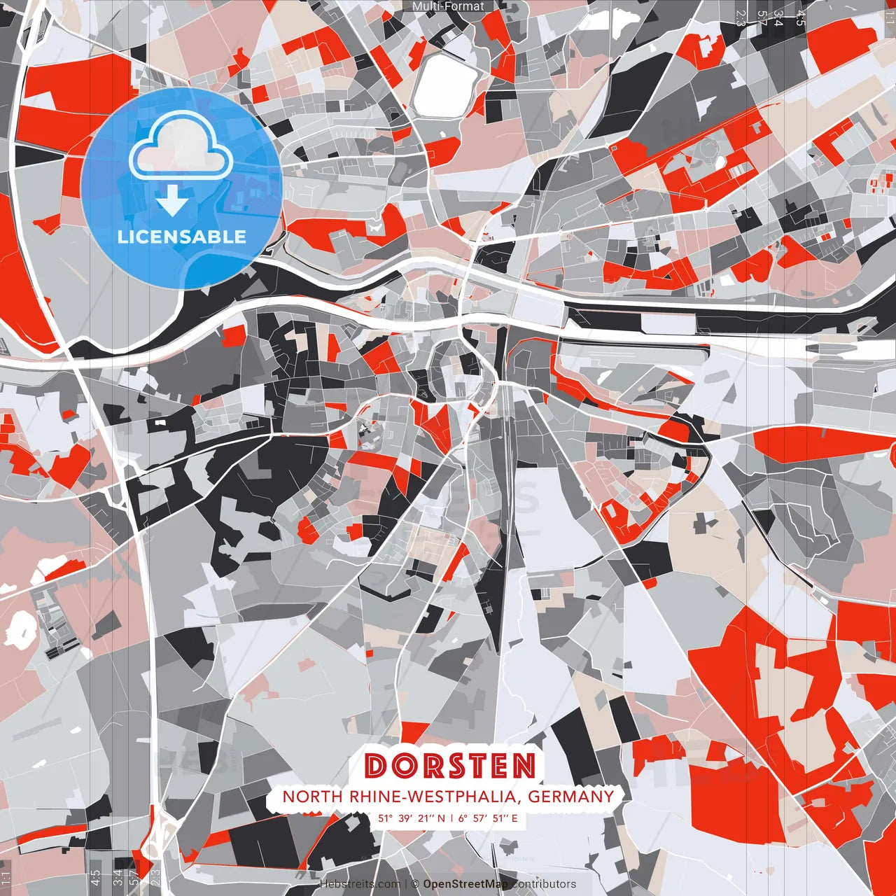 Dorsten, North Rhine-Westphalia, Germany - modern street map poster template with gray and red tones