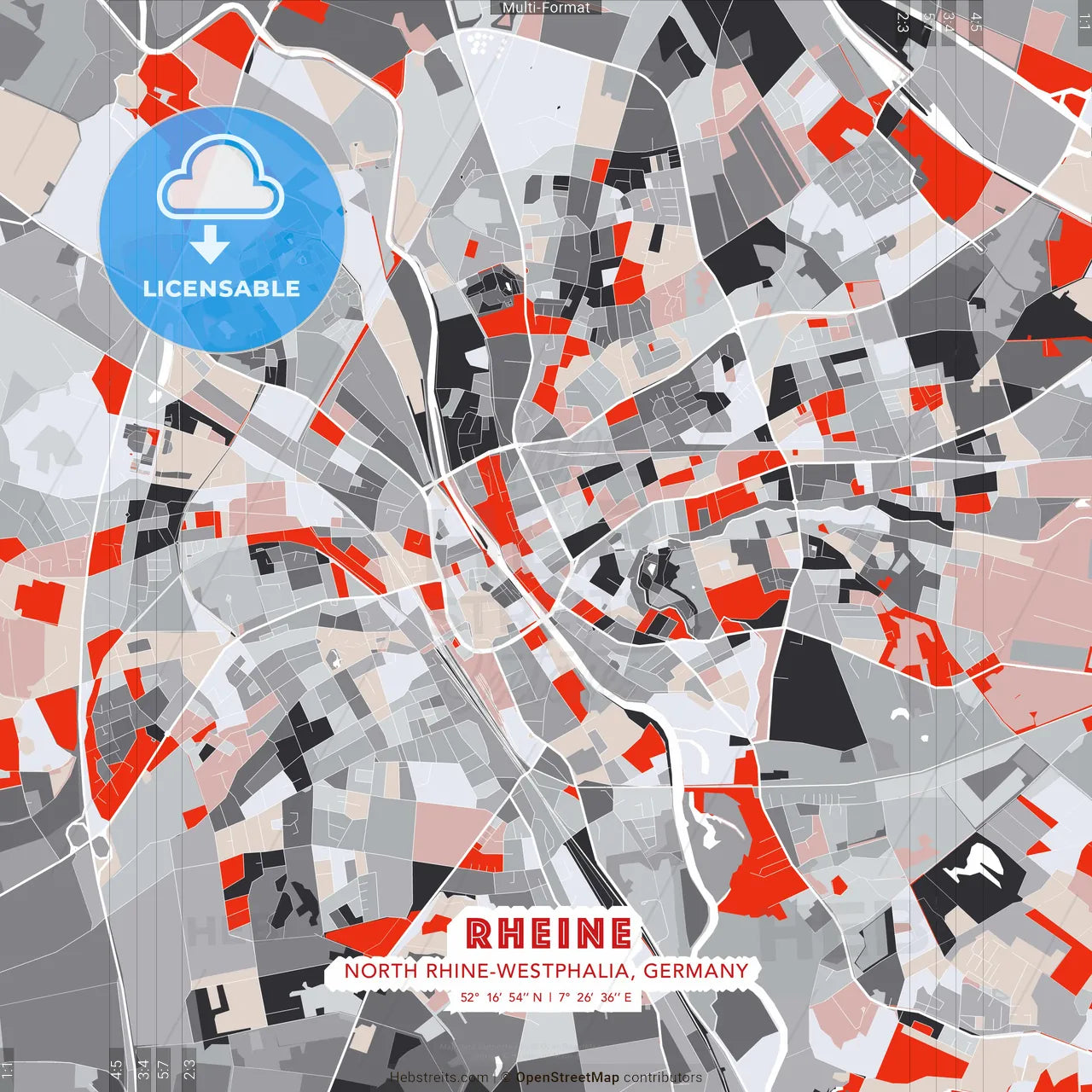 Rheine, North Rhine-Westphalia, Germany - modern street map poster template with gray and red tones