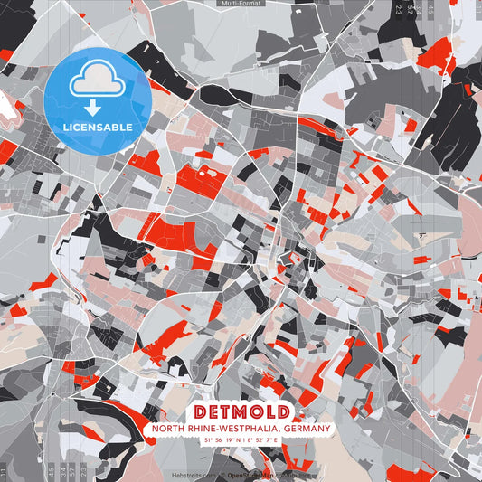 Detmold, North Rhine-Westphalia, Germany - modern street map poster template with gray and red tones