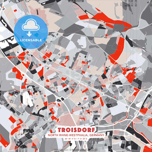 Troisdorf, North Rhine-Westphalia, Germany - modern street map poster template with gray and red tones