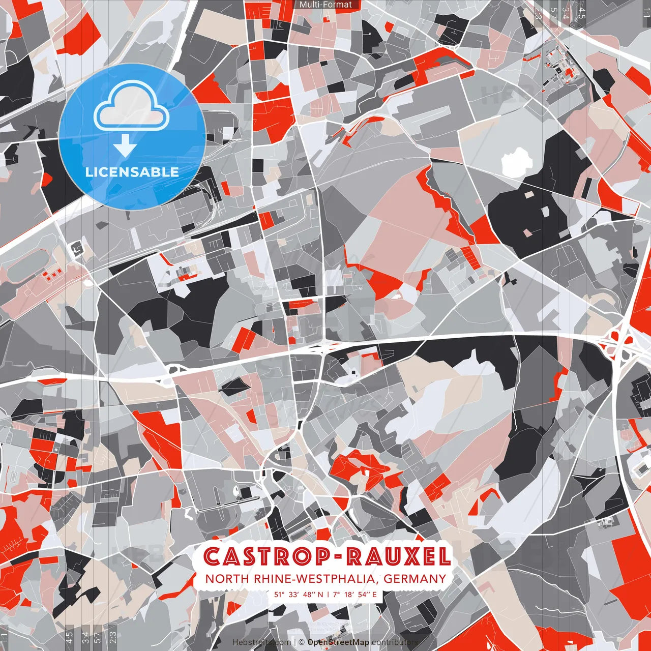 Castrop-Rauxel, North Rhine-Westphalia, Germany - modern street map poster template with gray and red tones