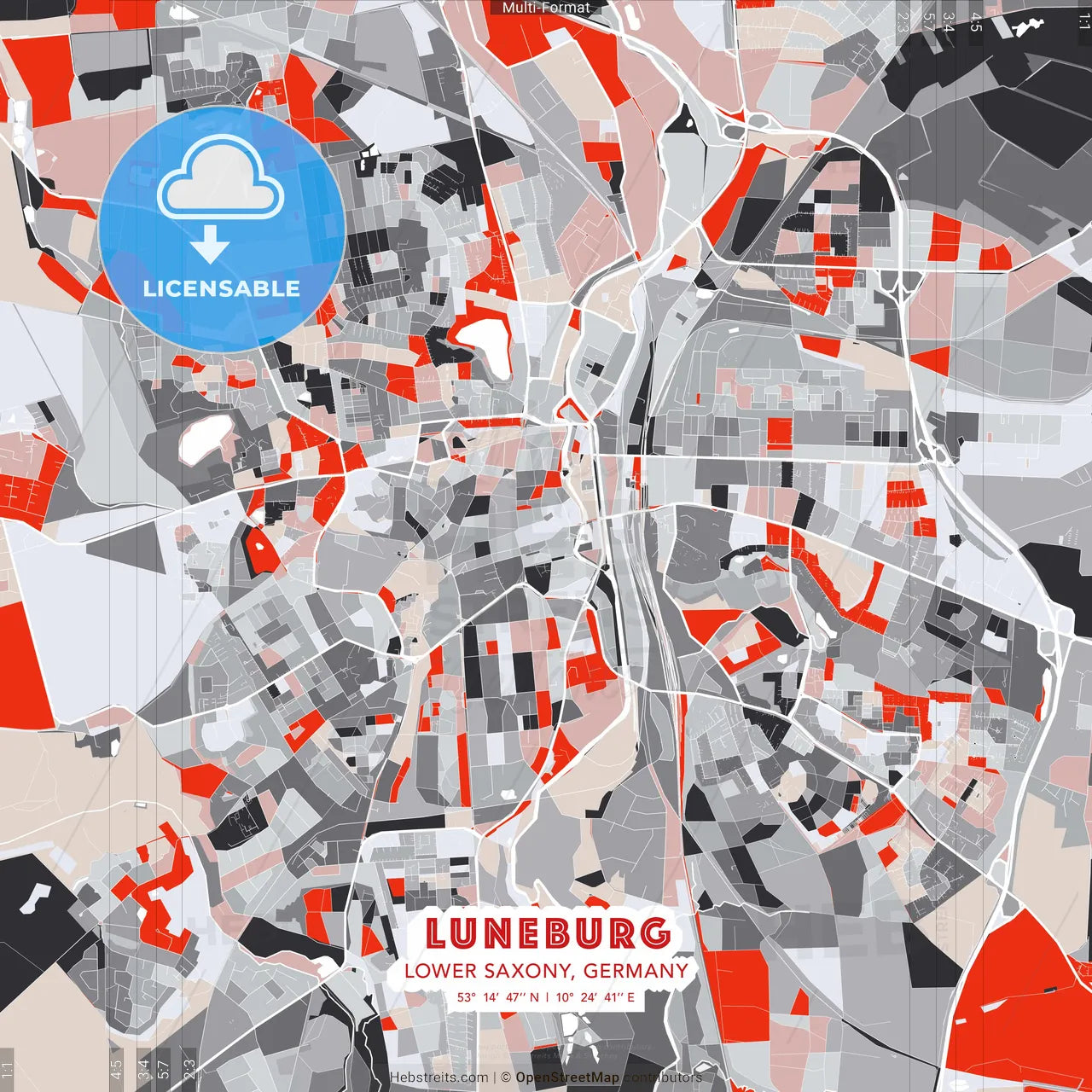 Luneburg, Lower Saxony, Germany - modern street map poster template with gray and red tones