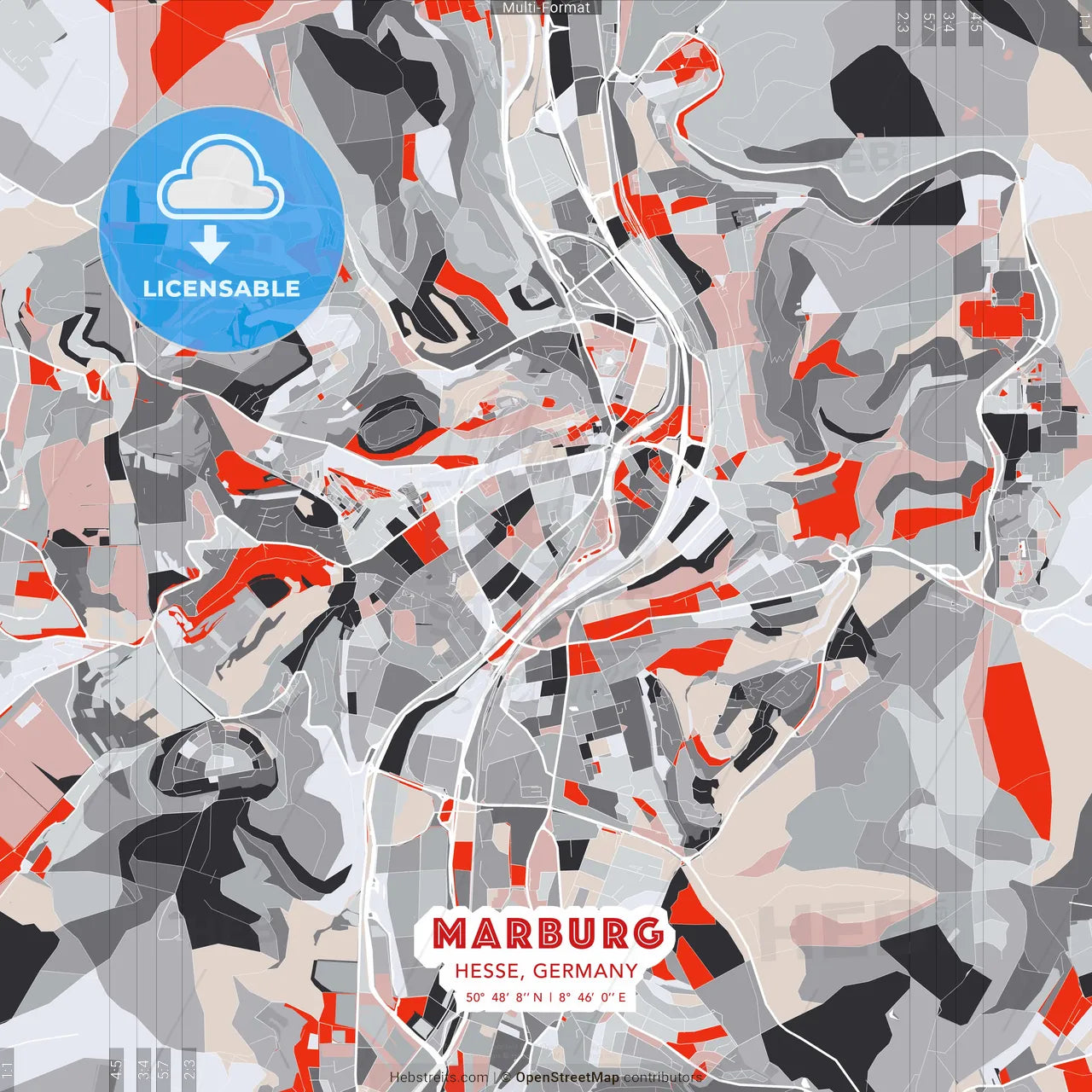 Marburg, Hesse, Germany - modern street map poster template with gray and red tones