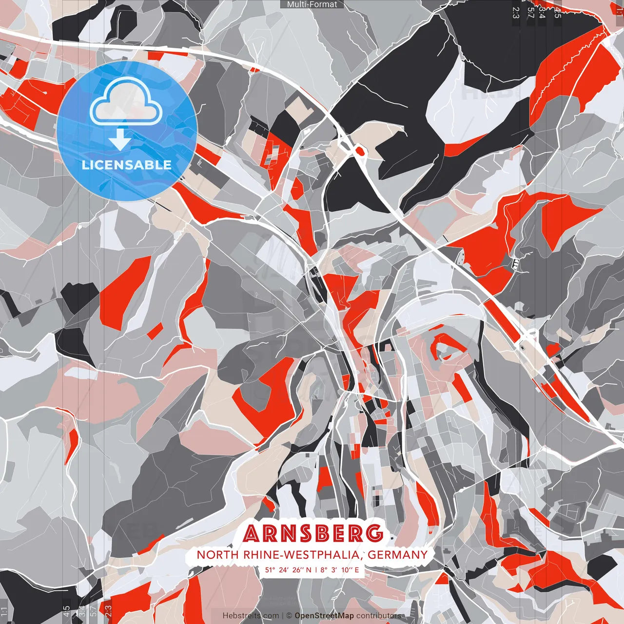 Arnsberg, North Rhine-Westphalia, Germany - modern street map poster template with gray and red tones