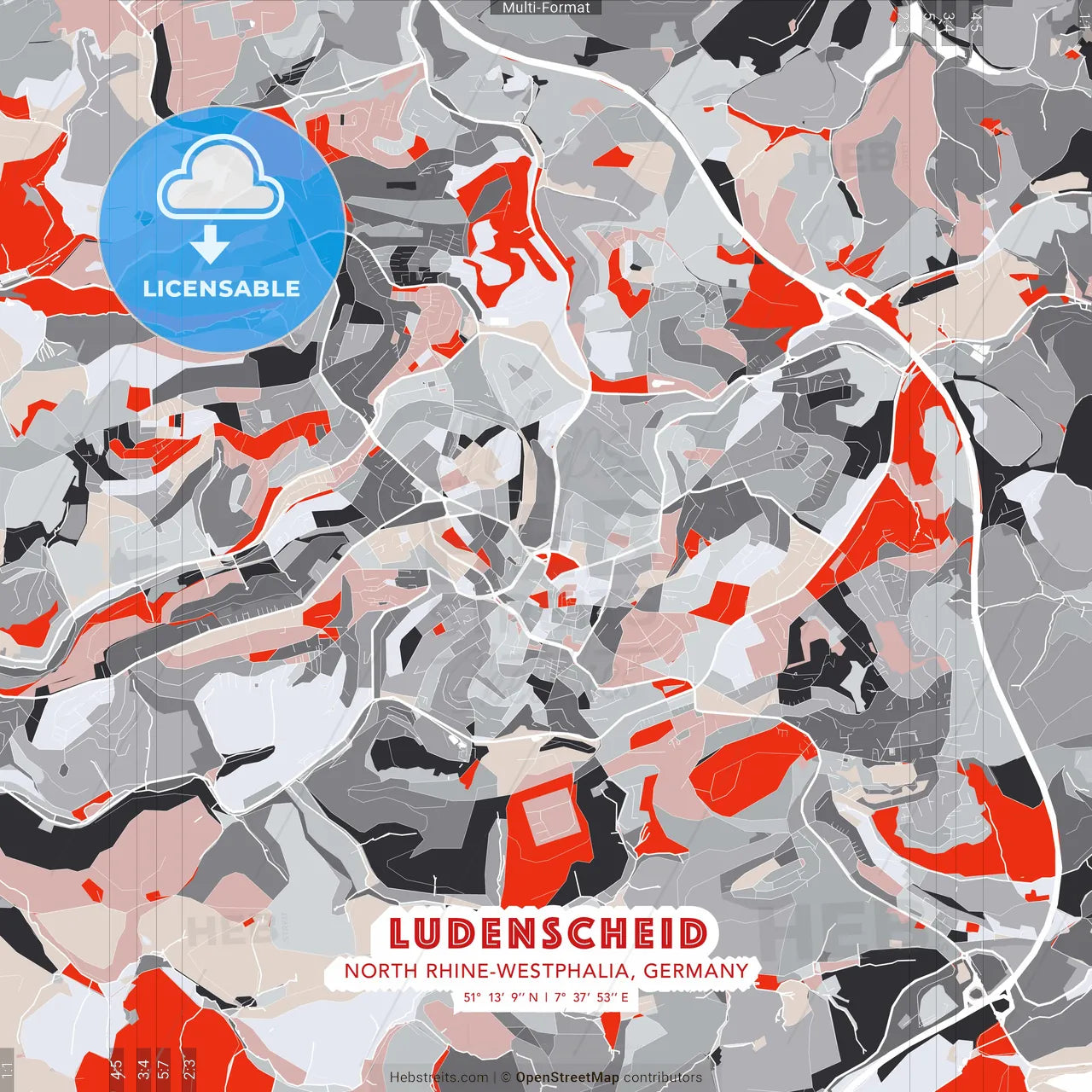 Ludenscheid, North Rhine-Westphalia, Germany - modern street map poster template with gray and red tones