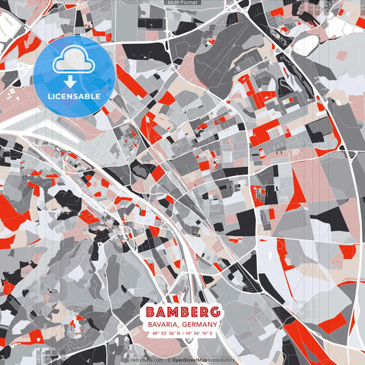 Bamberg, Bavaria, Germany - modern street map poster template with gray and red tones