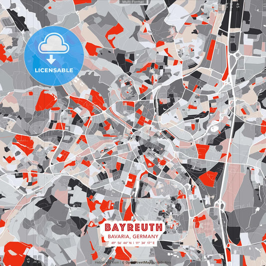 Bayreuth, Bavaria, Germany - modern street map poster template with gray and red tones
