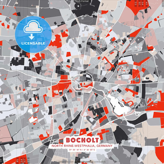 Bocholt, North Rhine-Westphalia, Germany - modern street map poster template with gray and red tones