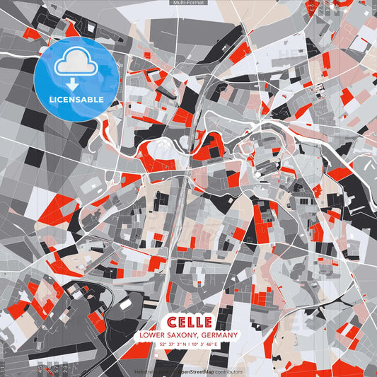 Celle, Lower Saxony, Germany - modern street map poster template with gray and red tones