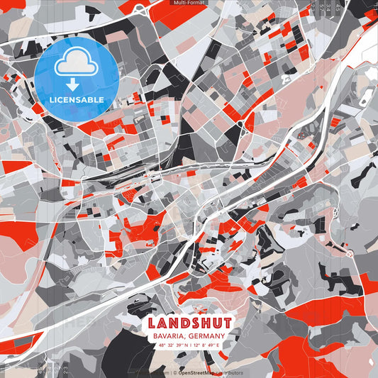 Landshut, Bavaria, Germany - modern street map poster template with gray and red tones