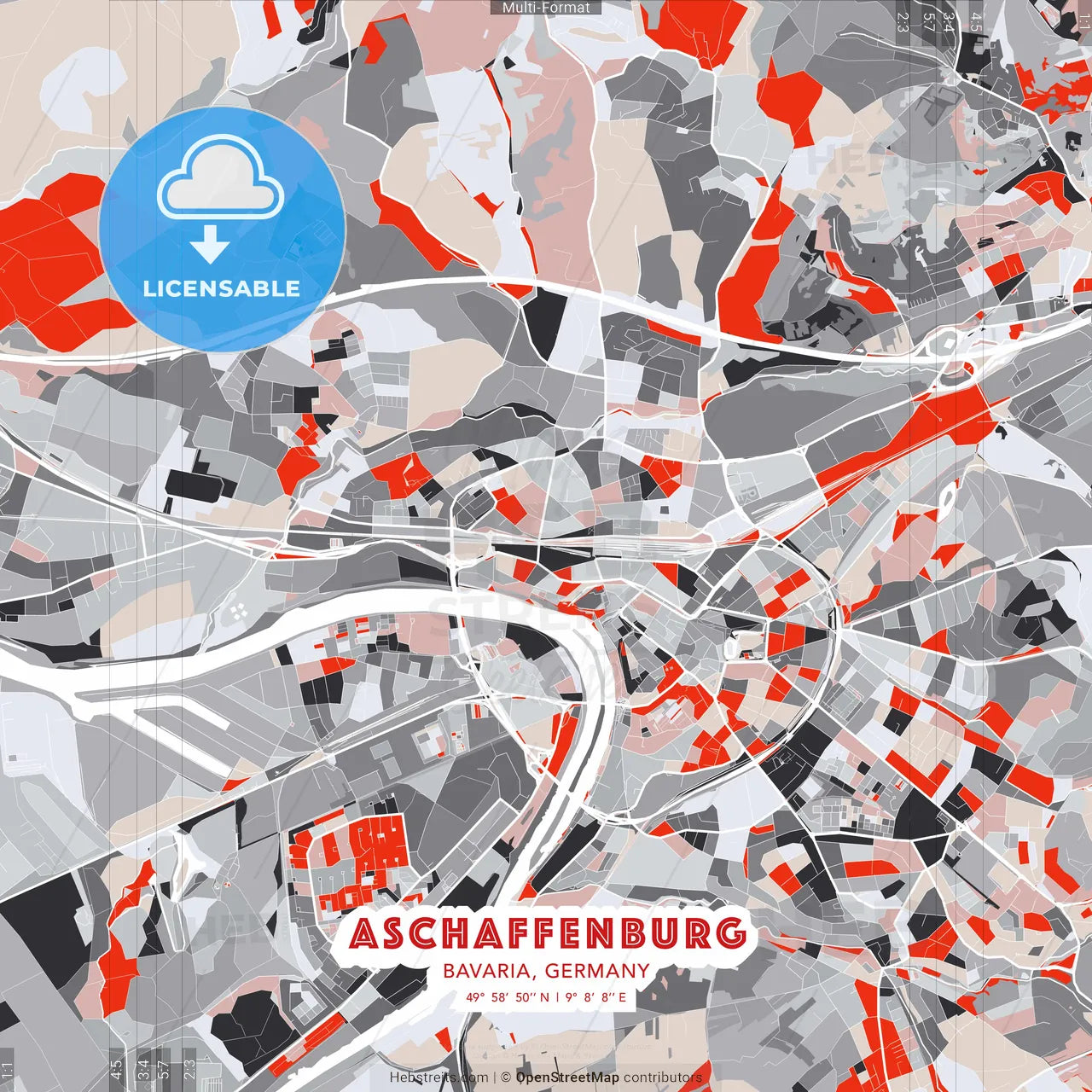 Aschaffenburg, Bavaria, Germany - modern street map poster template with gray and red tones